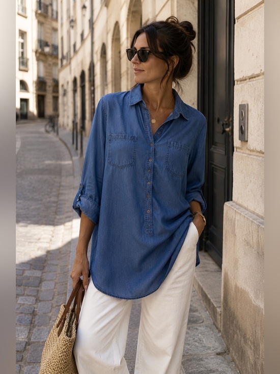 olsen Tops - Olsen 100% Lyocell Chambray Tunic Shirt Dress Top | Roll Tab Sleeves | M